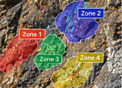 Vier interessierende Regionen, identifiziert auf dem Aufschluss, farblich markiert und umrandet