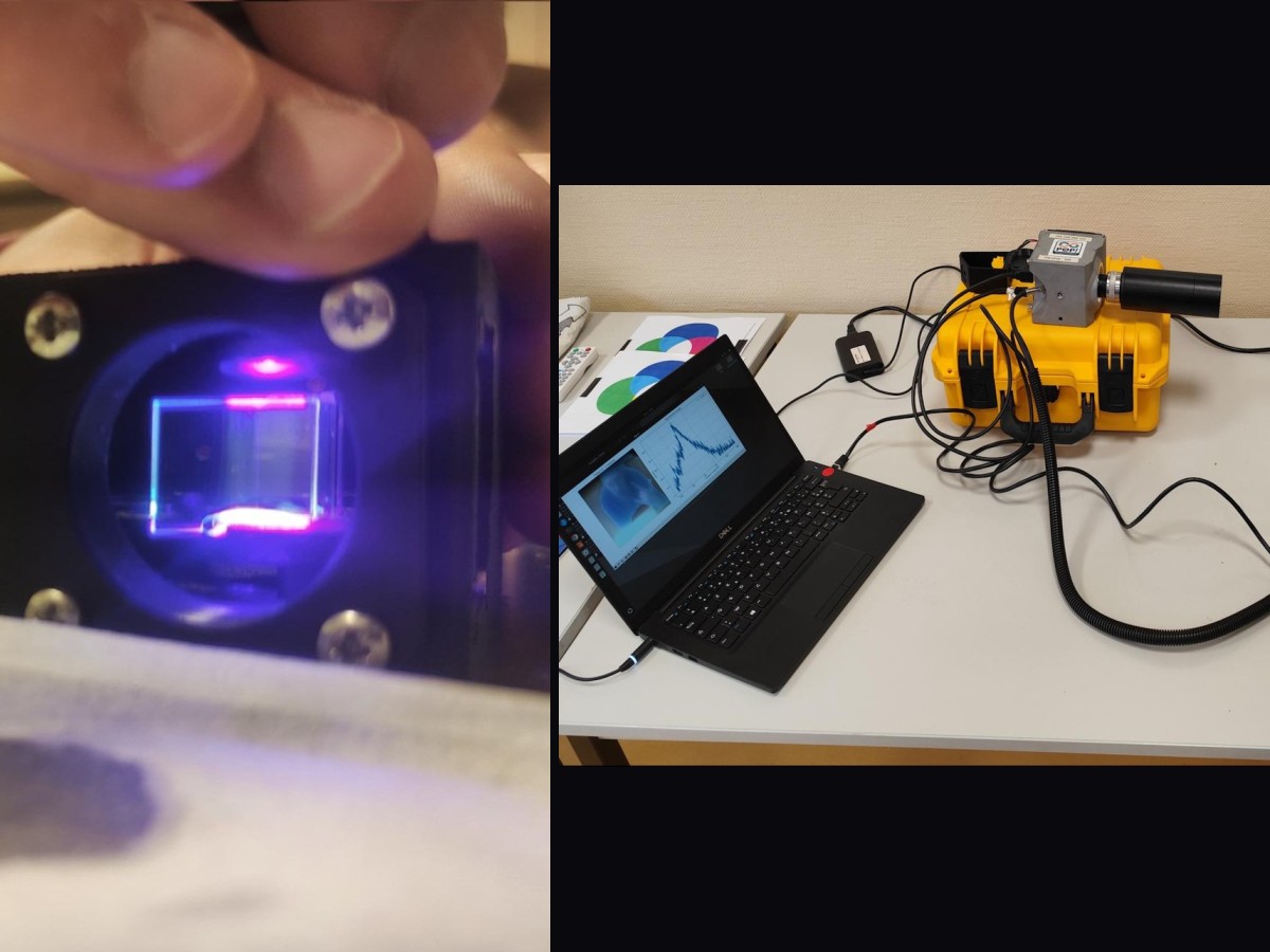 A custom optical assembly being aligned by hand, next to the assembled PRO-PIX camera unit on a lab bench