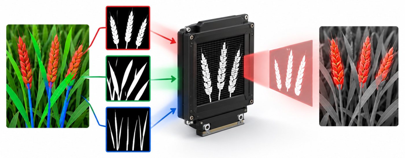 Diagram: a segmented wheat scene is turned into ear, leaf and stem masks, sent to an optical spatial modulator so that only the selected zone is measured